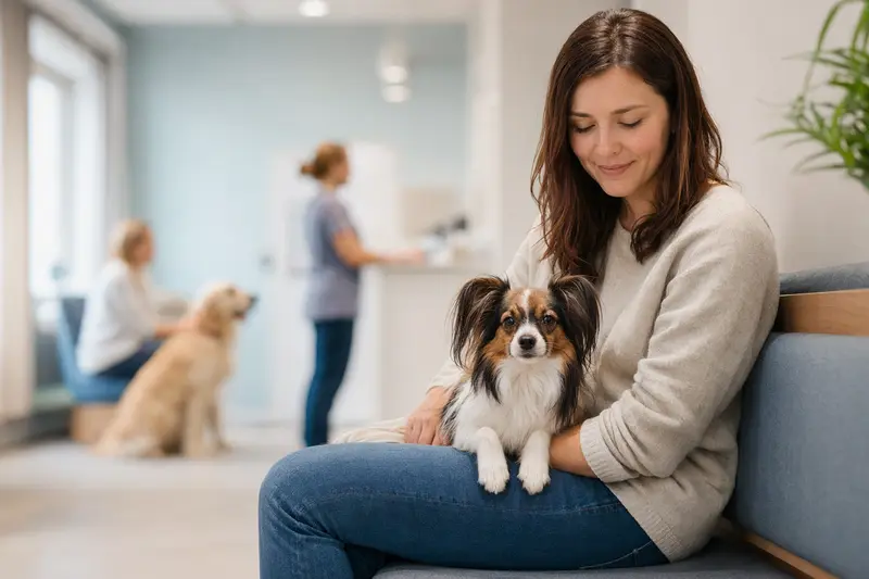 Ein Phalene Hund sitzt ruhig neben seinem Besitzer im Wartezimmer einer modernen Tierarztpraxis.
